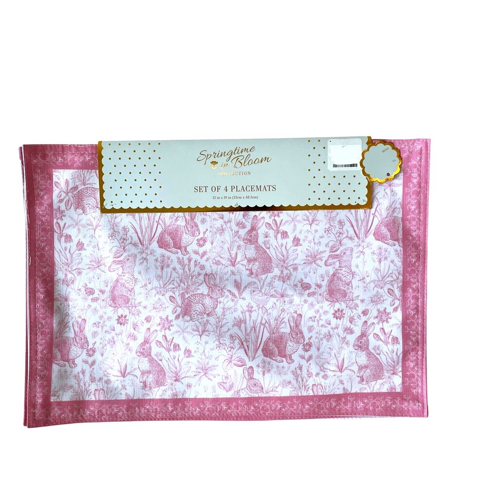 4pc Pink & White Easter Bunny Floral Placemats 13x19 Springtime in Bloom NEW